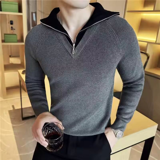 Fashion Fake-2Pieces Pull Homme Korean Luxury Clothing High Quality Zip-Up Turn Down Collar Sweater Men's Clothing Slim Fit 3XL