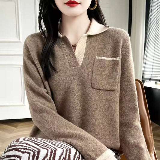 Autumn New 100%Merino Wool Knit Pullovers Women' POLO Neck Color Matching Plus Size Sweater Fashion Loose Pocket Bottoming Shirt