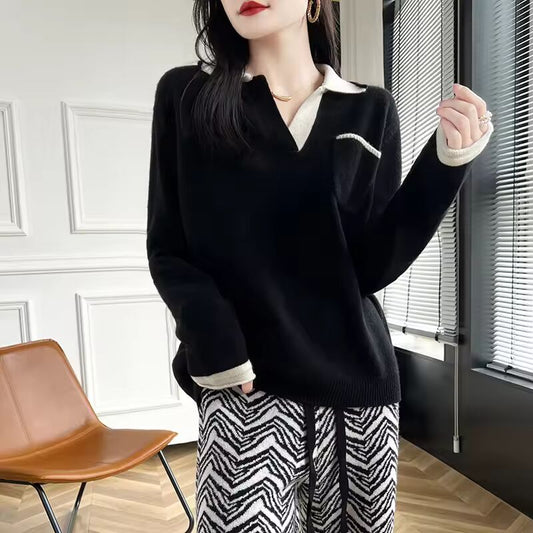 Autumn New 100%Merino Wool Knit Pullovers Women' POLO Neck Color Matching Plus Size Sweater Fashion Loose Pocket Bottoming Shirt