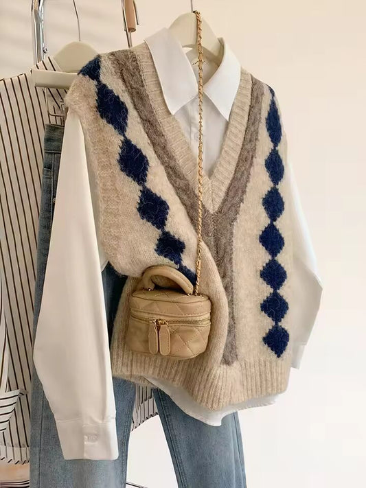 European Goods V-Collar Contrast Color Knitted Vest Women's 2024 New Autumn Outwear Bandage Dress Sweater Vest