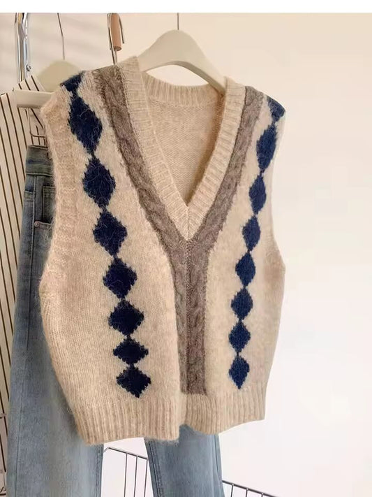 European Goods V-Collar Contrast Color Knitted Vest Women's 2024 New Autumn Outwear Bandage Dress Sweater Vest